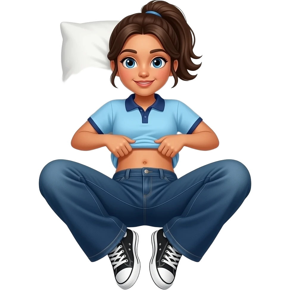 Hispanic girl with brown ponytail and blue eyes light blue dark blue lined polo and dark blue baggy jeans and belly button and black and white sneakers laying down on the pillow in bed lifting her shirt funny belly trick emoji