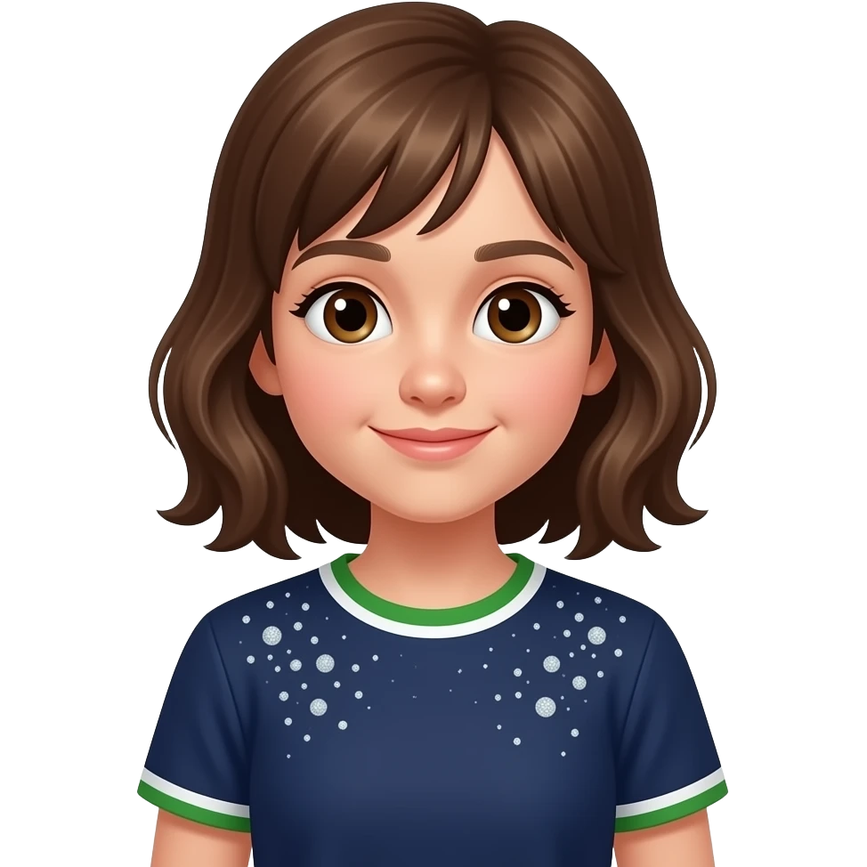 È una femmina   ha gli occhi marroni  ha 12 anni e adora  la ginnastica artistica e la sua maglietta he blu scura un bordino verde e bianco  Ha i capelli castani  pochi glitter argento e aggiungi dei glitter in giro per la maglietta emoji