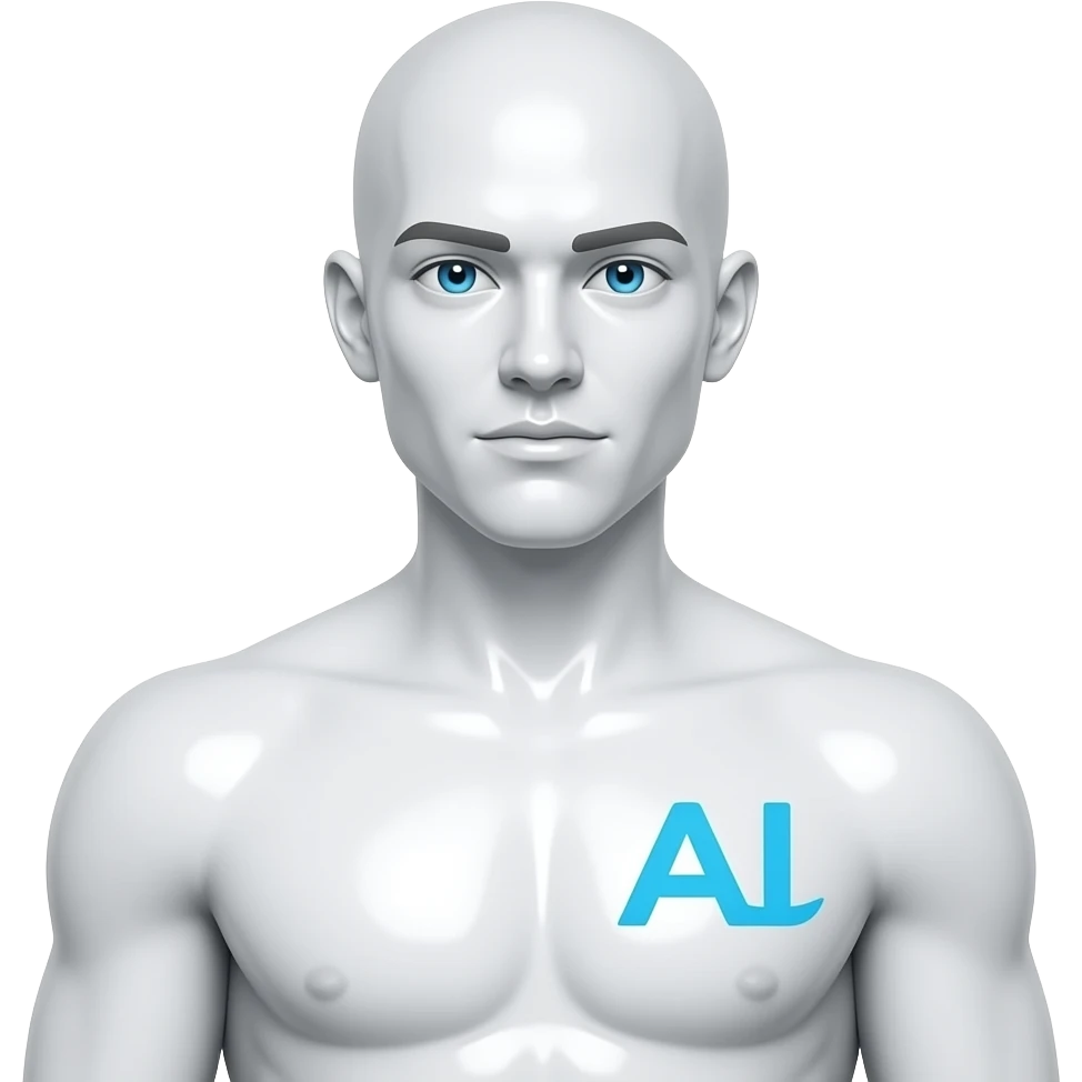sexy männlicher Science-Fiction AI mit weißer und glänzender Haut mit Brustwarzen, das Gesicht ist auch weiß, glänzend und plastikartig. er hat keine Augenbrauen und keine Haare. Ein AI Logo als Schrift leichten blau auf seiner rechten Brust und seine Augen leuchten  auch blau emoji