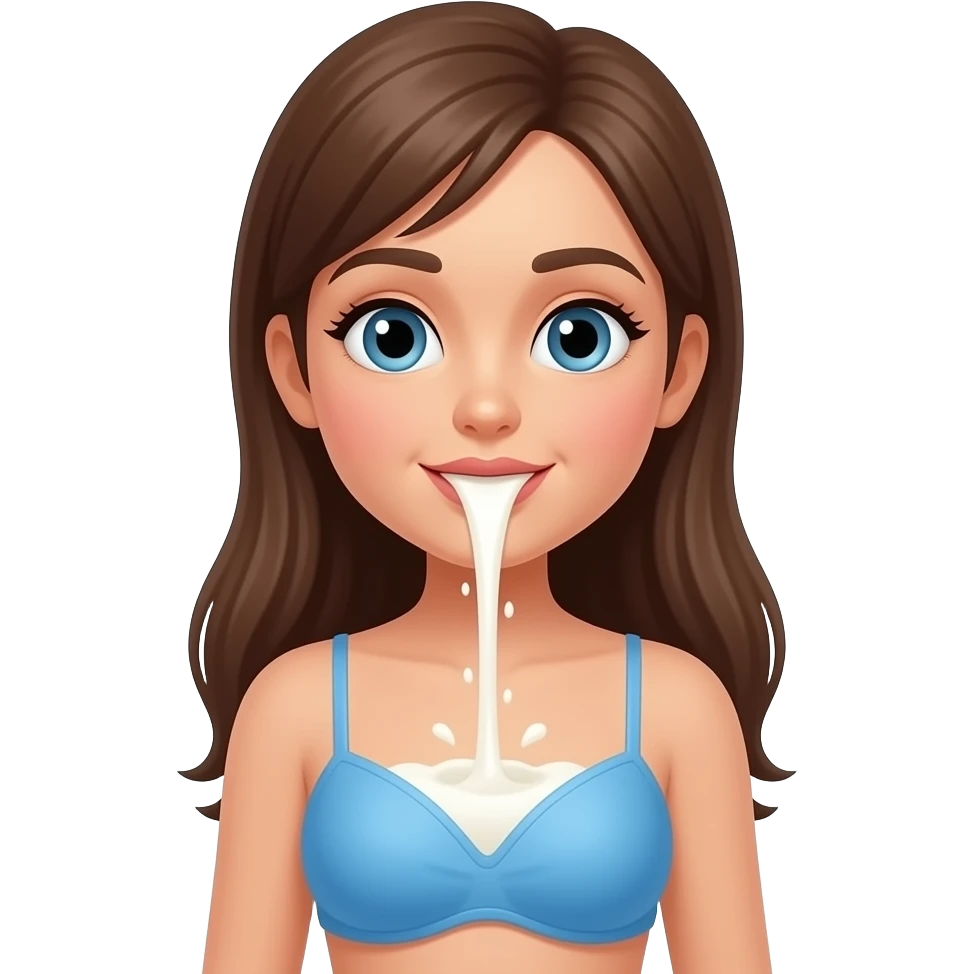فتاة ترتدي حمالة زرقاء بشرة بيضاء ويخرج من فمها الحليب emoji