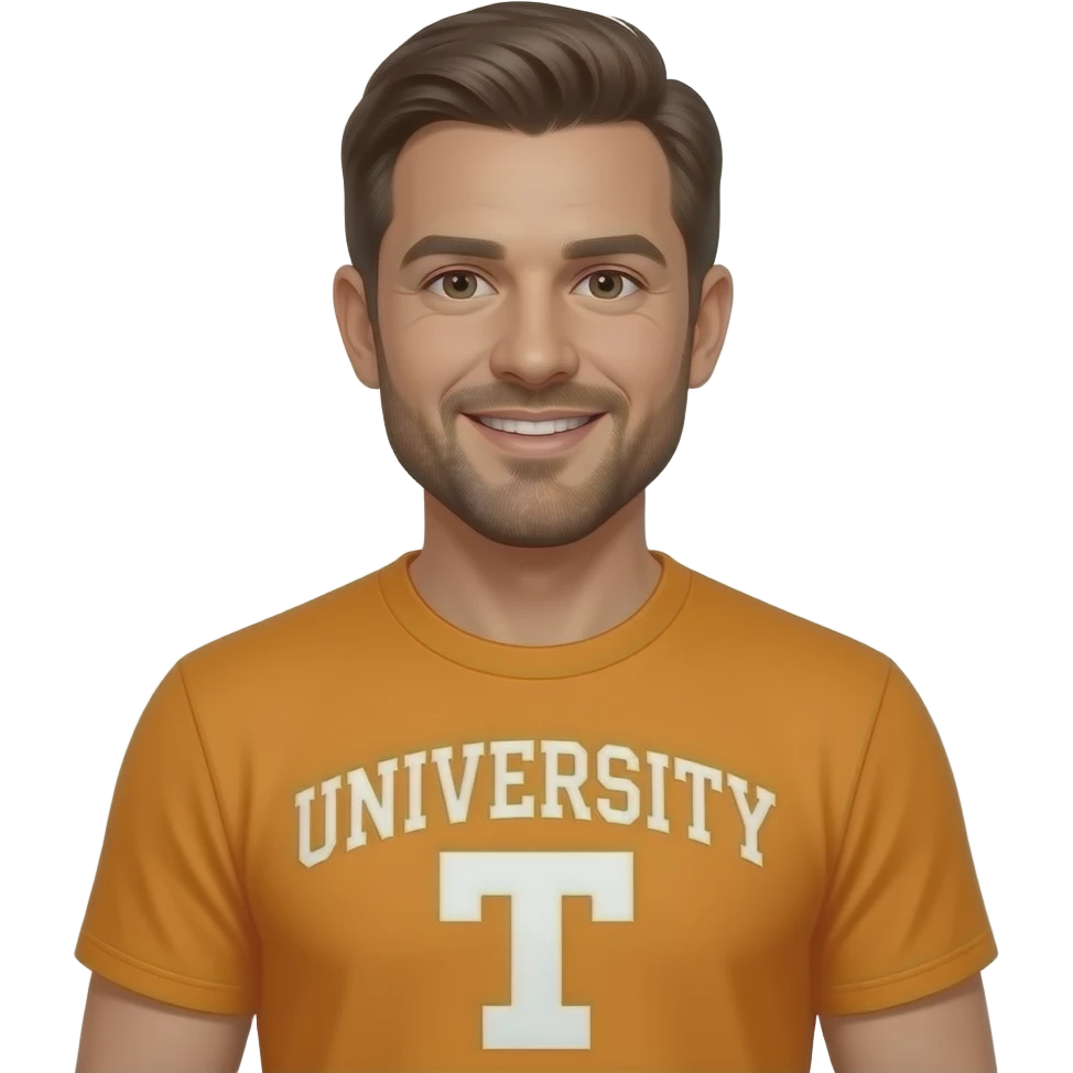 Male property manager, friendly, 35 years old, casual, light tan, university of TN Fan emoji