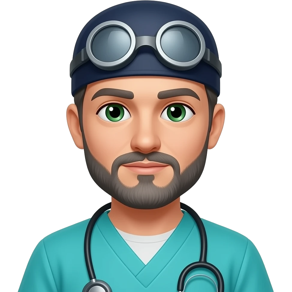 doctor with dark gray hair, beard stubble and green eyes in dark navy scub cap, torquoise shirt with no eyeware emoji