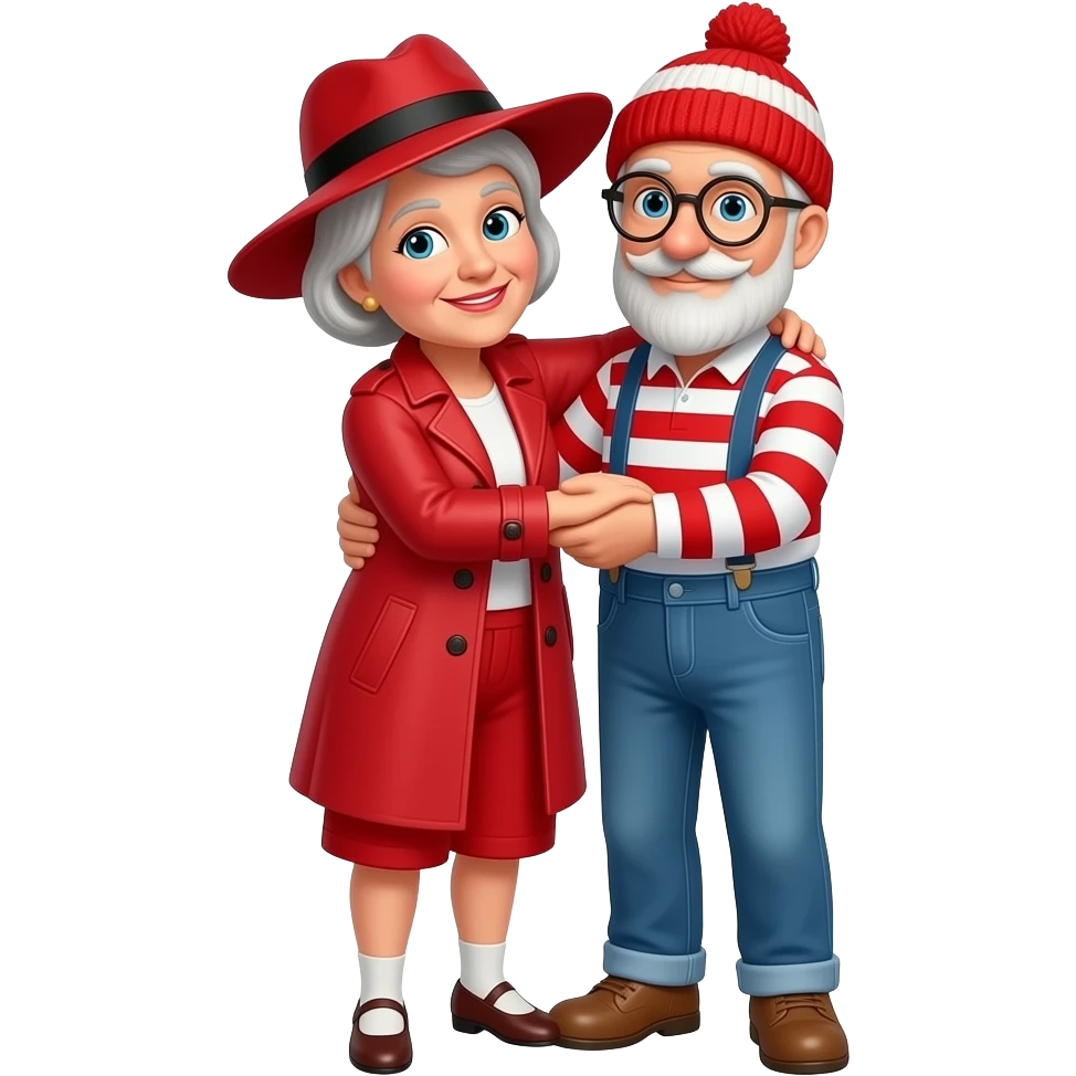 Carmen San Diego, an old woman wearing a red trench coat, a wide brim red hat with black band, and red shorts and Waldo, an old man with a white beard wearing blue jeans, suspenders, a red and white striped shirt and a red and white striped knit beanie hat hugging (fullbody) emoji