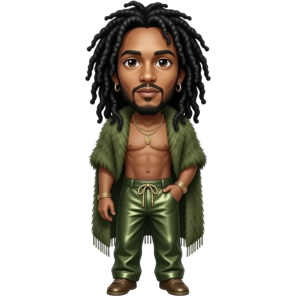 Bob Marley with dark brown eyes, long black hair, olive fur shawl, olive metallic baggy pants, shirtless with necklace and earrings emoji