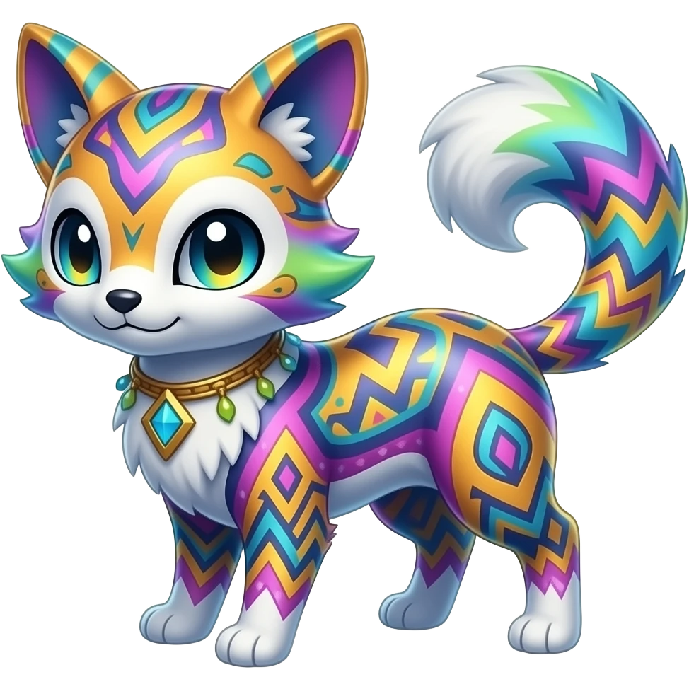 Colorful unique fantasy original shiny smooth soft flurry edgy cool Civet-Absol-Sprigatito-Vaporeon-Fakémon-hybrid with tribal chevron heart floral lightning bolt strikes damask paisley markings emoji