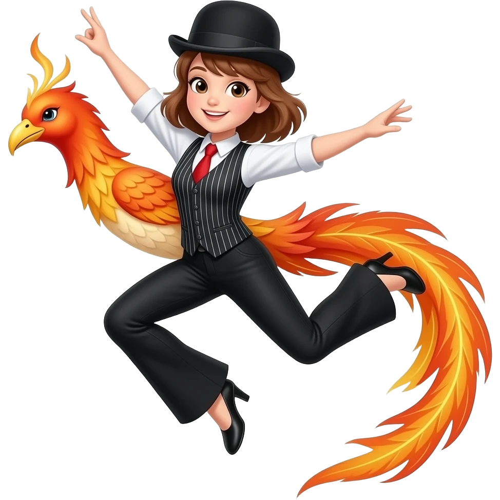 One girl light brown hair dancing. With a bowler hat doing a firebird jump. Wearing black flared leggings, a pinstripe waistcoat and a red tie emoji