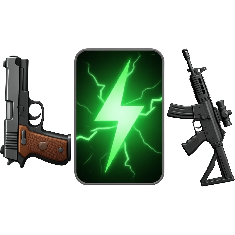 Handgun z Roblox Rivals po lewej, zielony efekt upgrade’u i energii pośrodku, assault rifle z Roblox Rivals po prawej, duży zielony napis „UPGRADE” u góry, mroczny gamingowy klimat, cinematic lighting, wysoki kontrast, epicki YouTube thumbnail. emoji