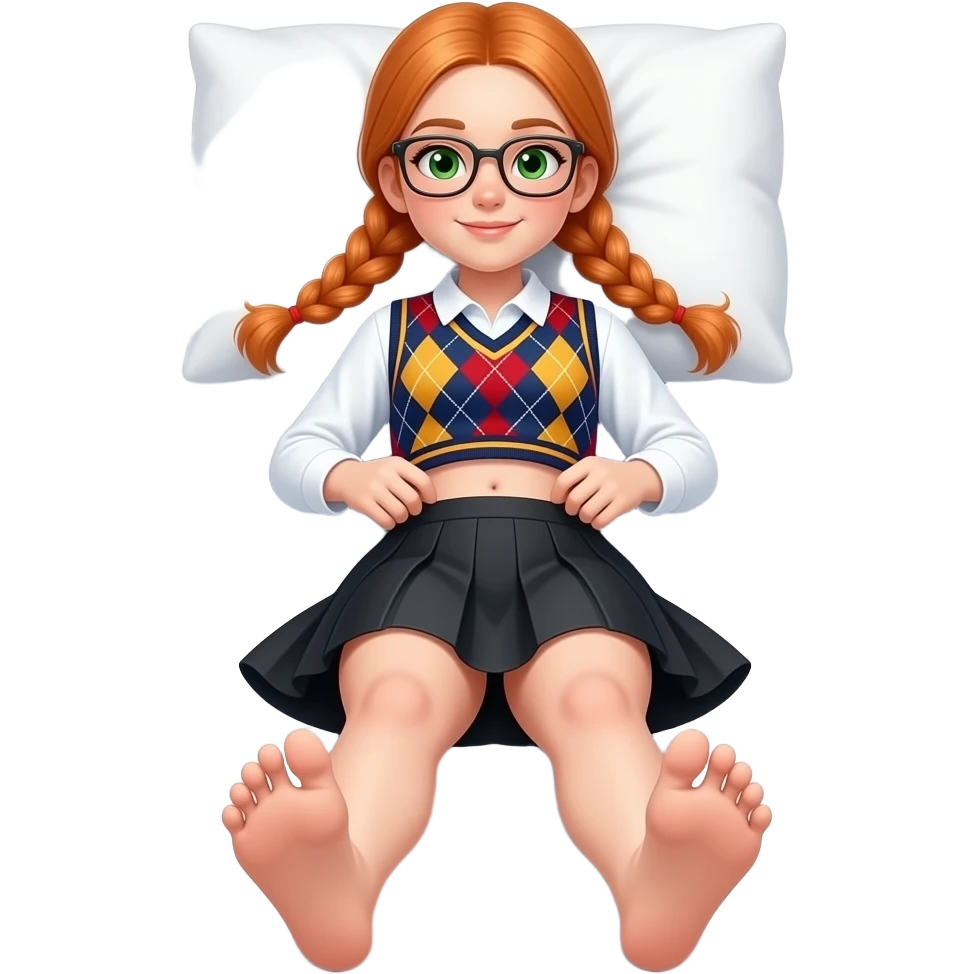 17 year old white woman green eyes orange braided pigtails rectangle glasses white long sleeved polo argyle dark blue red and yellow vest black skirt laying down on her pillow in bed showing her feet lift her shirt up to show belly emoji