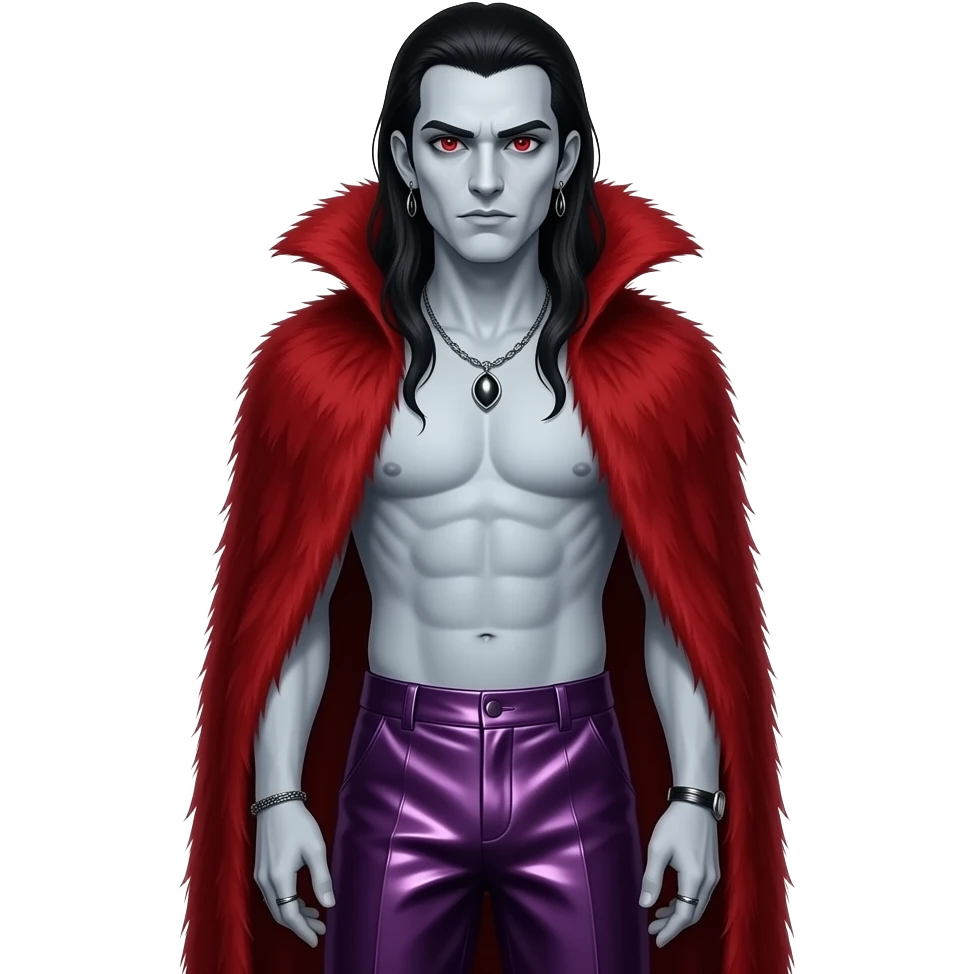 Dracula with pale grey skin, red eyes, long black hair, crimson fur shawl, deep purple metallic baggy pants, shirtless with necklace and earrings emoji