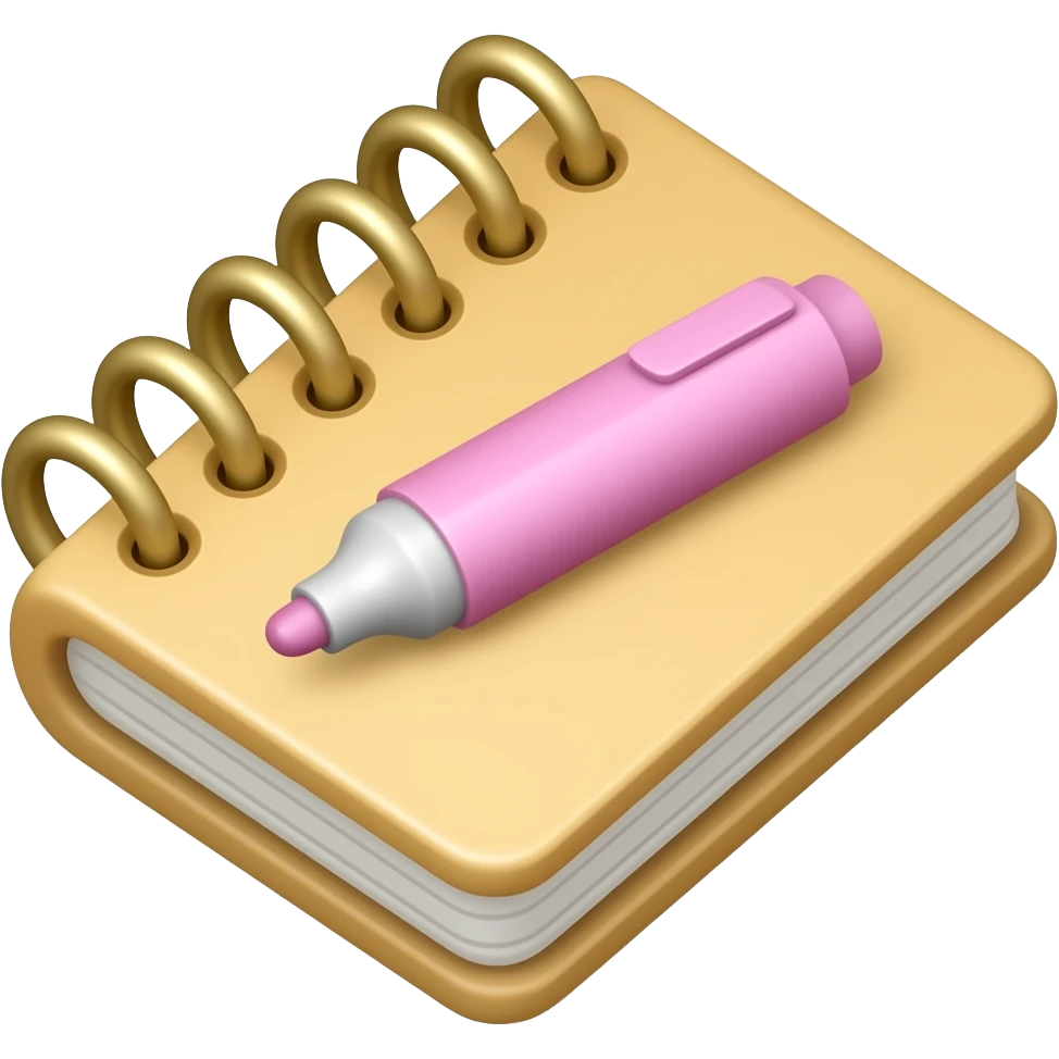 Crée 1 emoji iOS 18 représentant un univers cosy et esthétique de créatrice. Éléments : un carnet avec des spirales doré sur le coté et un surligneur rose pastel posé dessus et des details. La vue est prise en 3 quartsl'ensemble est isolée sur un fond blanc. emoji
