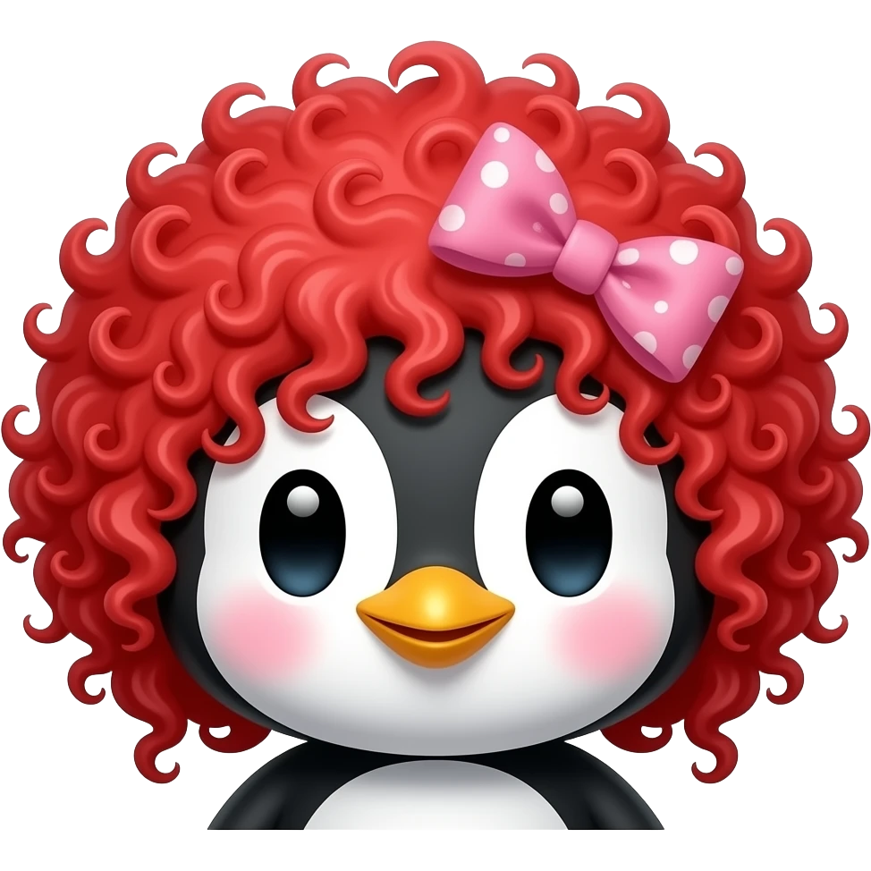 red curly haired penguin with a hairbow, just face emoji