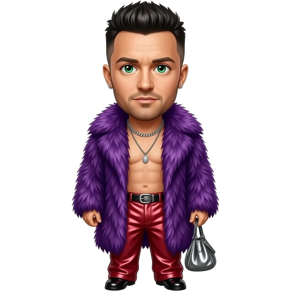 Robbie Williams with dark green eyes, black hair, Purple fur shawl, Crimson metallic baggy pants, shirtless with necklace and earrings emoji