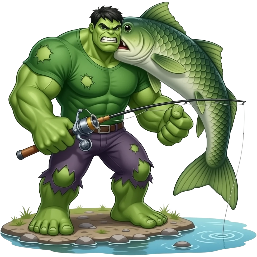 The hulk but in fish form but fishing with a fishing rod emoji