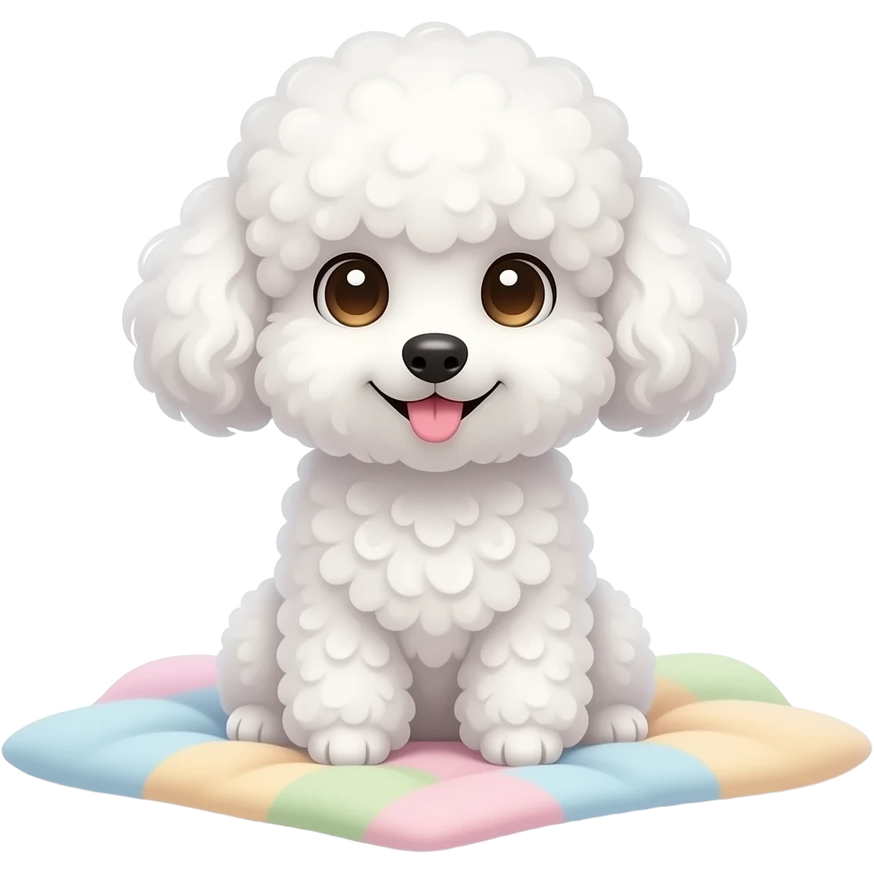 A cute fluffy white toy poodle sitting on a soft pastel blanket, huge sparkling eyes, curly fluffy fur, tiny pink tongue sticking out, cozy warm lighting, ultra adorable expression, detailed fur texture, soft shadows, kawaii aesthetic, high quality, centered composition emoji