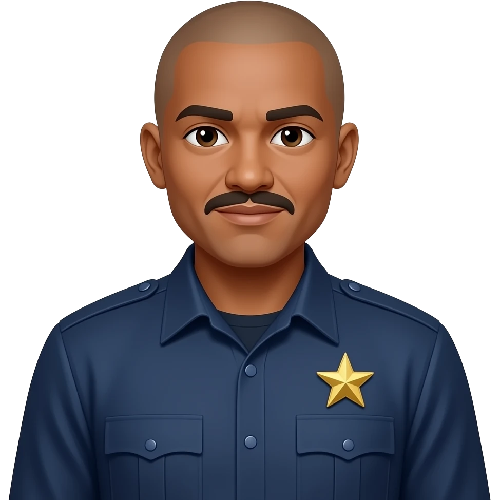 police officer dark skin filipino long sleeve blue uniform with gold star bald with pointed moustache emoji