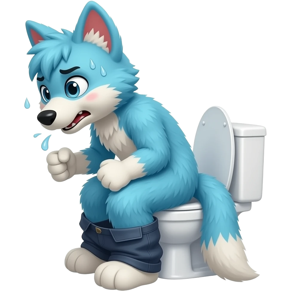blue fursuit sitting on toilet, side view , pants down, pushing, straining face,  uncomfortable, farting , sweating, red face emoji