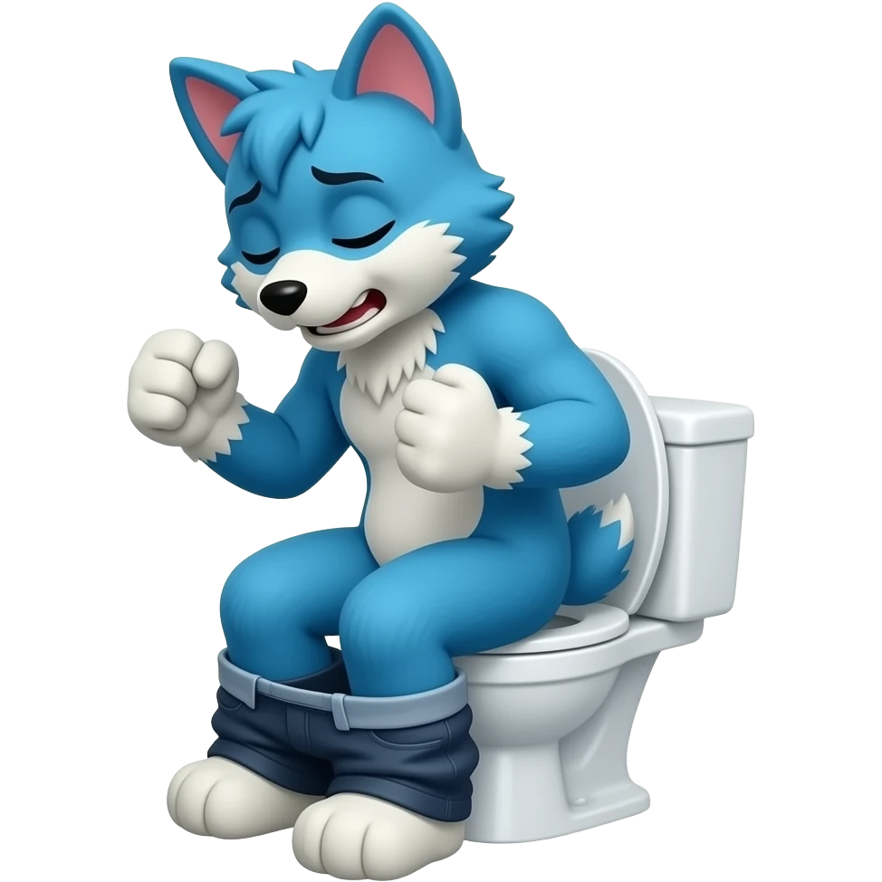 blue fursuit sitting on toilet, side view, pants down, straining, eyes closed, pushing, squeezing, both fists emoji
