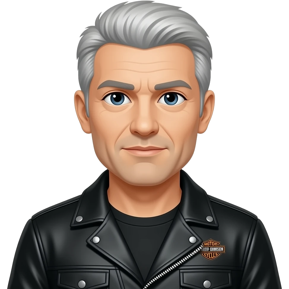 Gray haired biker clean shaven on a harley heritage classic emoji