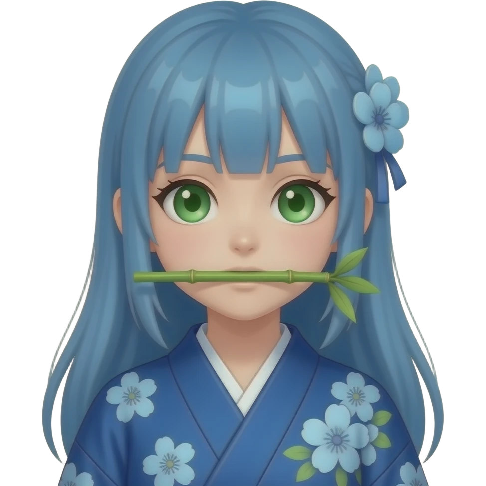 Que se parezca a Nezuco de Demon Slayer pero con los ojos verdes el bambú en la boca y pelo azul y el kimono azul con flores azules pastel emoji