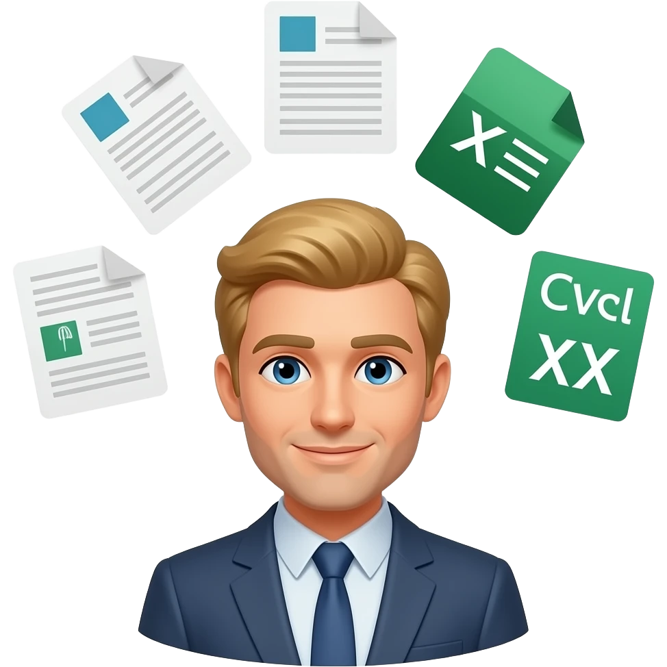 master data expert, MAN , "doc" "xls", "csv", "xml" and docs around his head , blond long hair emoji
