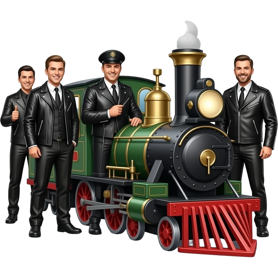Poster for SteamWorks: "The little train that couldn't". Gay leatherman train conductor, gay leatherman passengers.. emoji