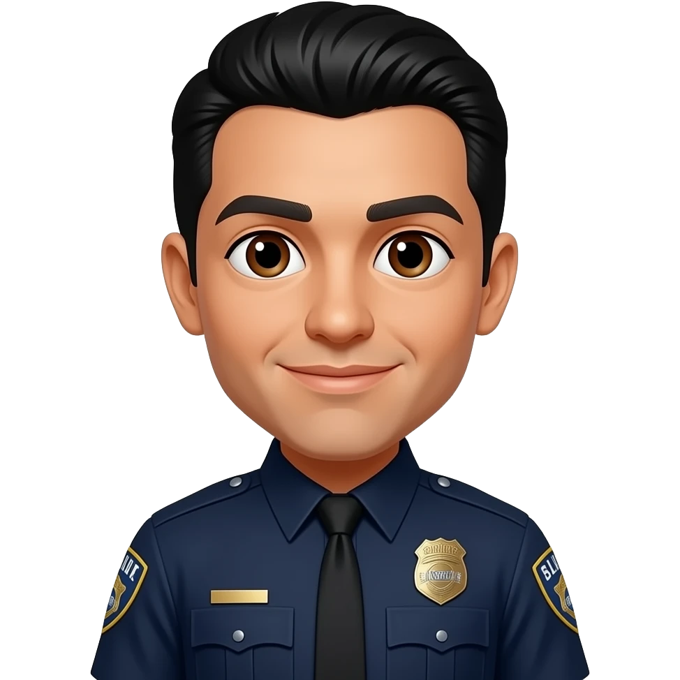 Hispanic police officer with round face, slicked back black hair and brown eyes emoji