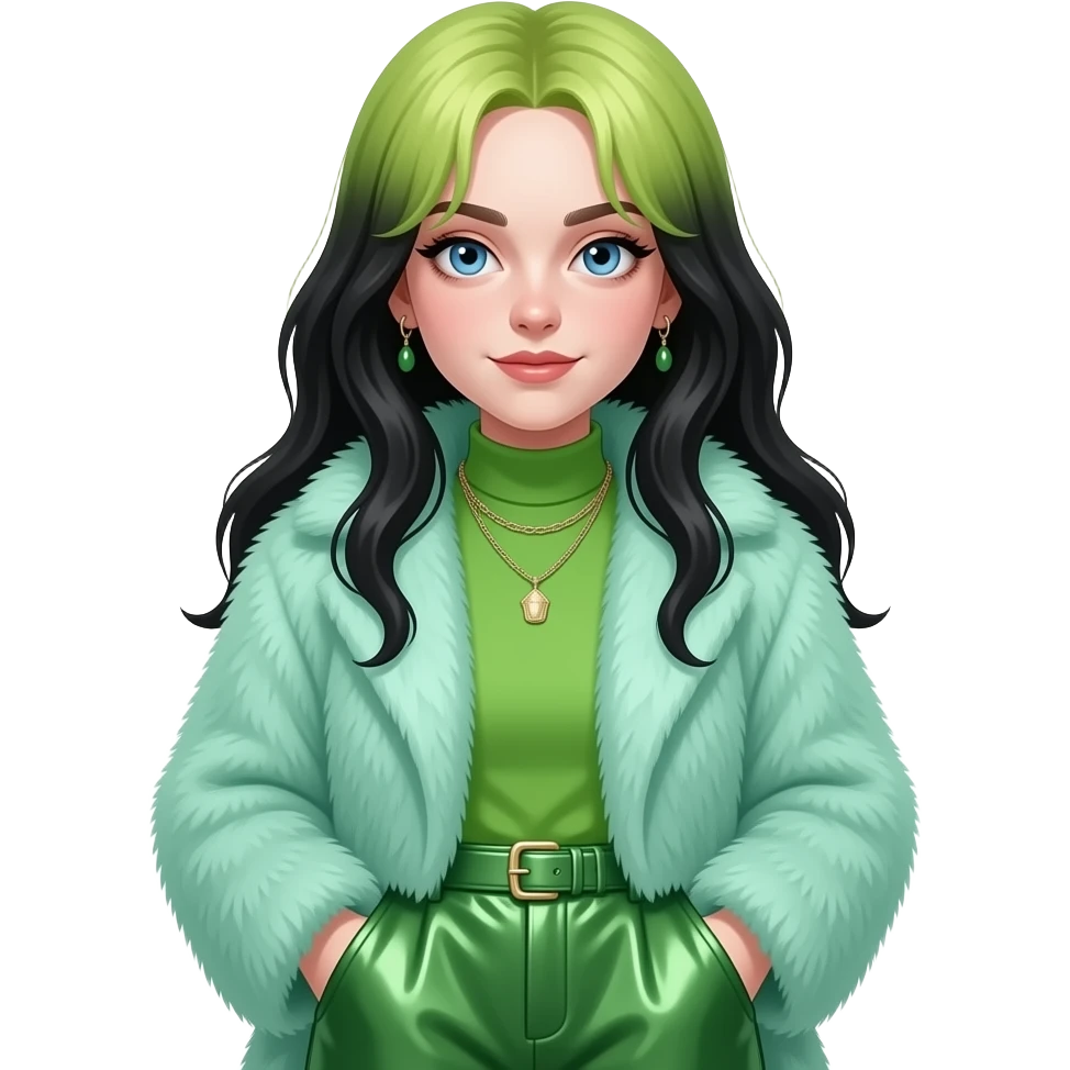 Billie Eilish with blue eyes, long light green and black hair, mint green fur coat, green turtleneck shirt, green metallic baggy pants, necklace and earrings emoji