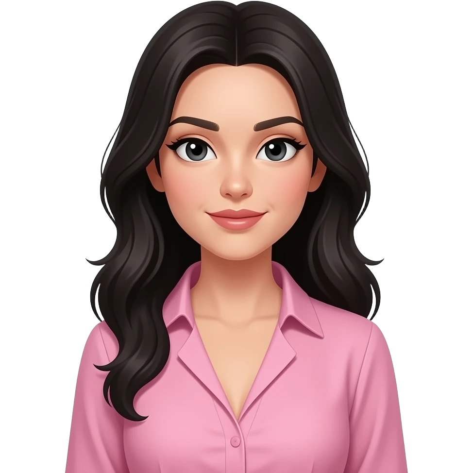 Mulher olhando de lado bem sexy com cabelo na altura do peito. Blusa rosa, cabelo e olhos pretos emoji