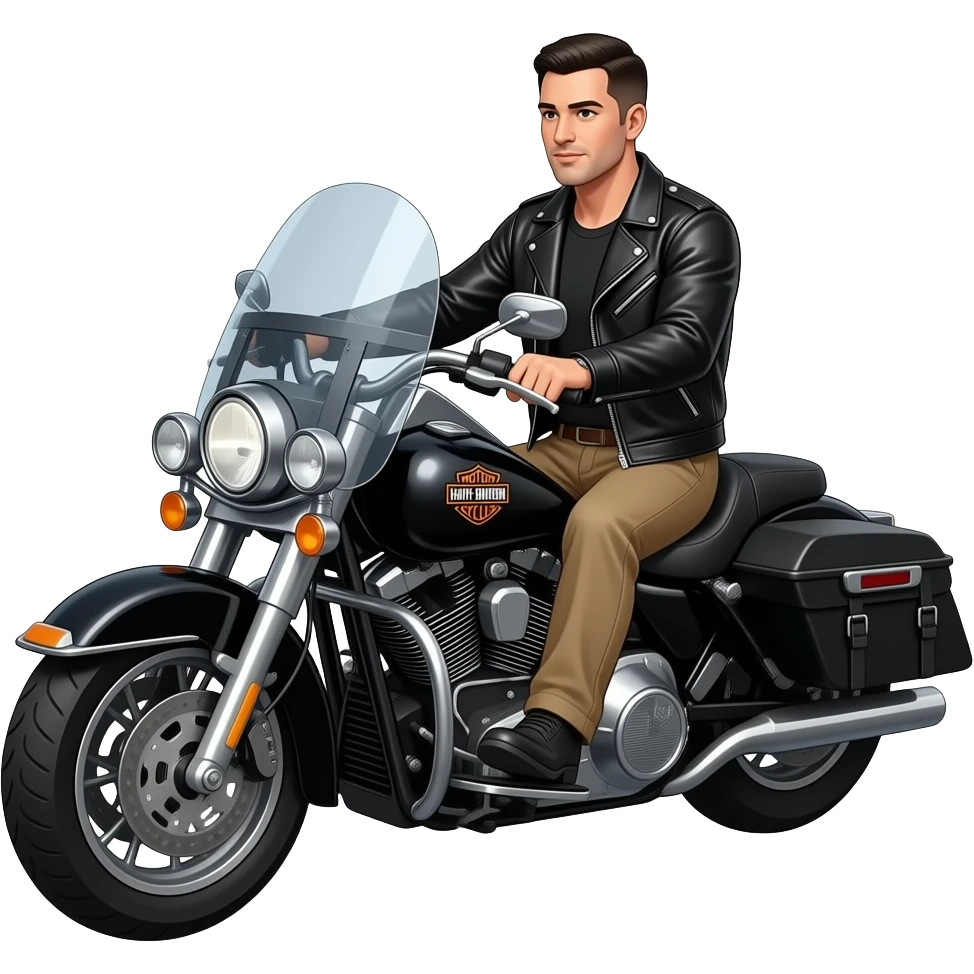 Gray and black short hair clean shaven man with no beard in black leather jacket and black shirt and tan pants and not wearing a obackpack  riding on a harley with a windshield and saddlebags and the orange bar and shield harley logo emoji