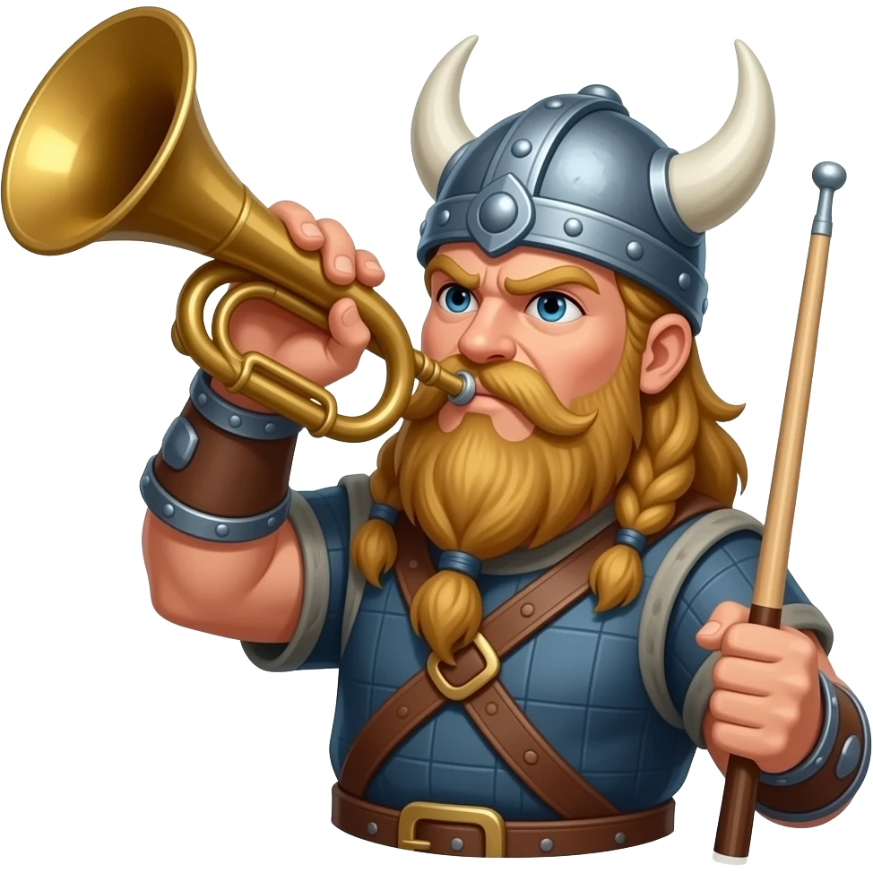 Dramic Viking blowing a large horn holding a pool cue emoji