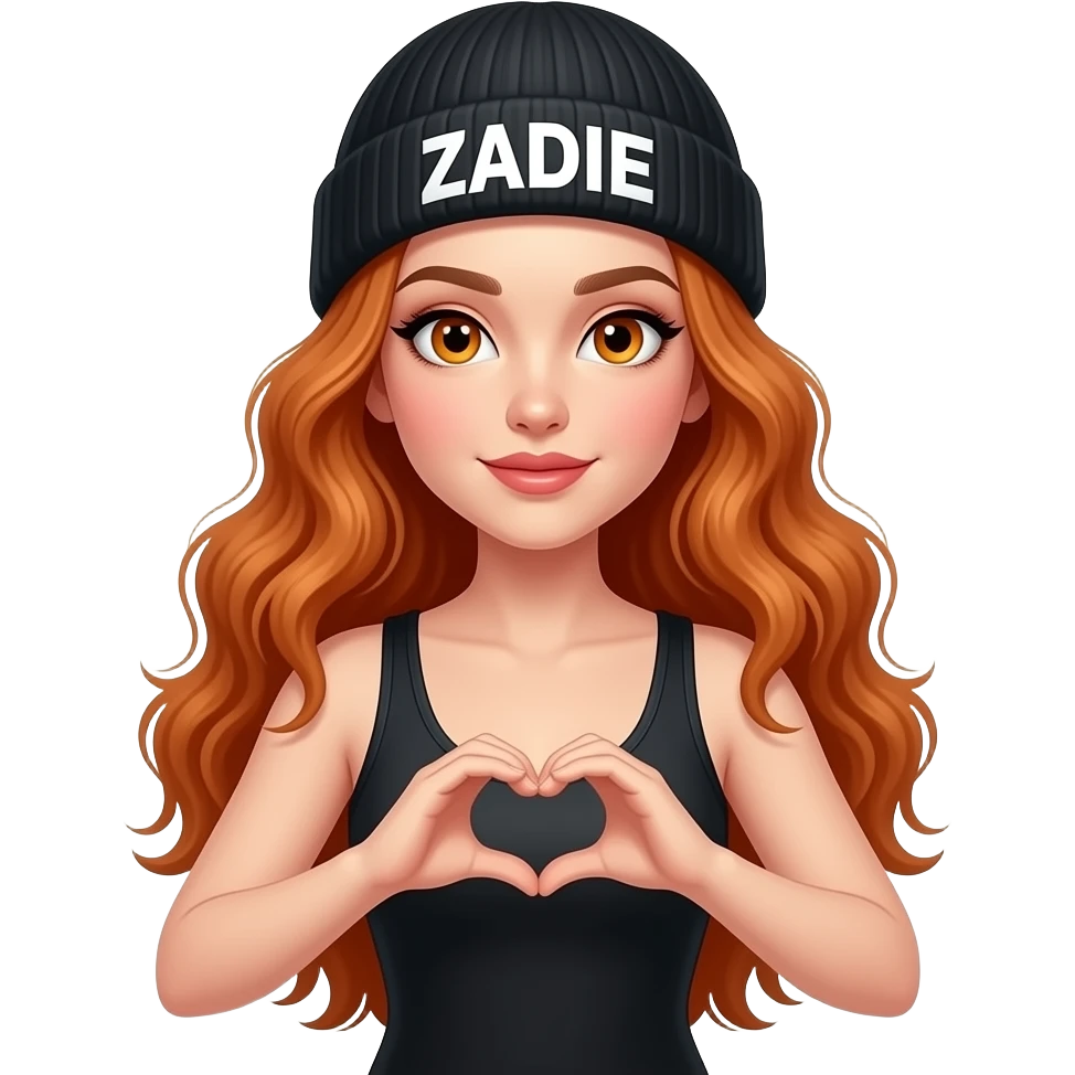 sexy girl with overlong wavy ginger hair and ginger eyes wearing a black tanktop and a black beanie with ZADIE written on it,  is holding a heart in her hands emoji