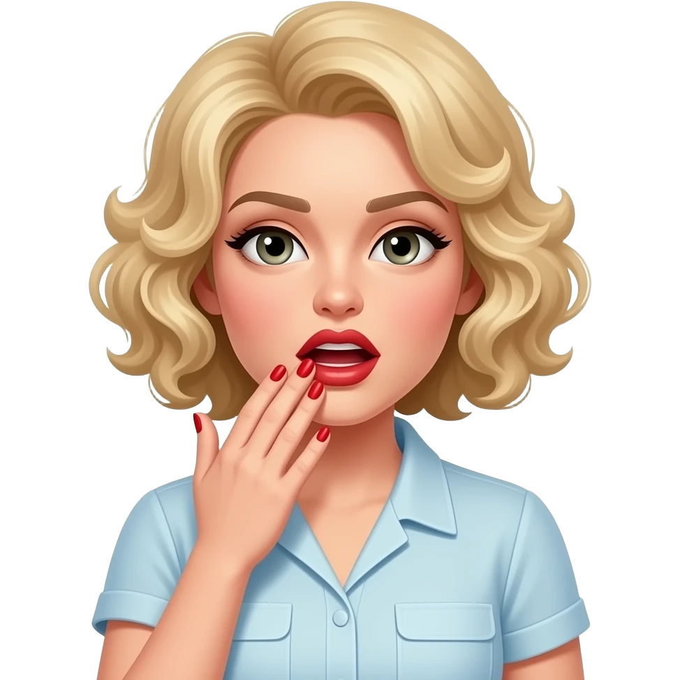 Short blond hair in curls salivating in a red finger nails and in a short sleeve blouse and brown lipstick emoji