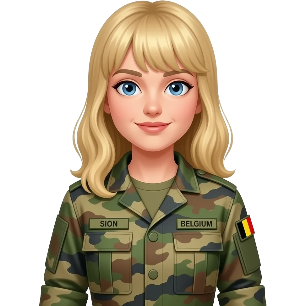 woman - military - blond long hair with bangs - blue eyes - feminine - SION on name tag on the left - BELGIUM on the name tag on the right - Belgium flag on the right arm - long sleeves for uniform - camouflage field uniform - kaki t-shirt under the uniform emoji