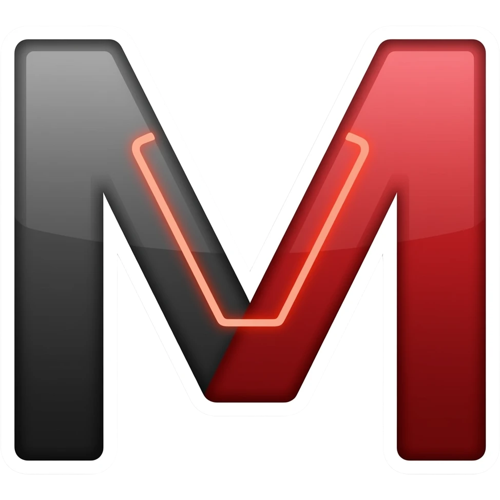 Minimalist horizontal sticker. Stylized monogram "M" connected to a segmented glowing red line, ending in a solid crimson block. Dark tech aesthetic, clean vector. emoji