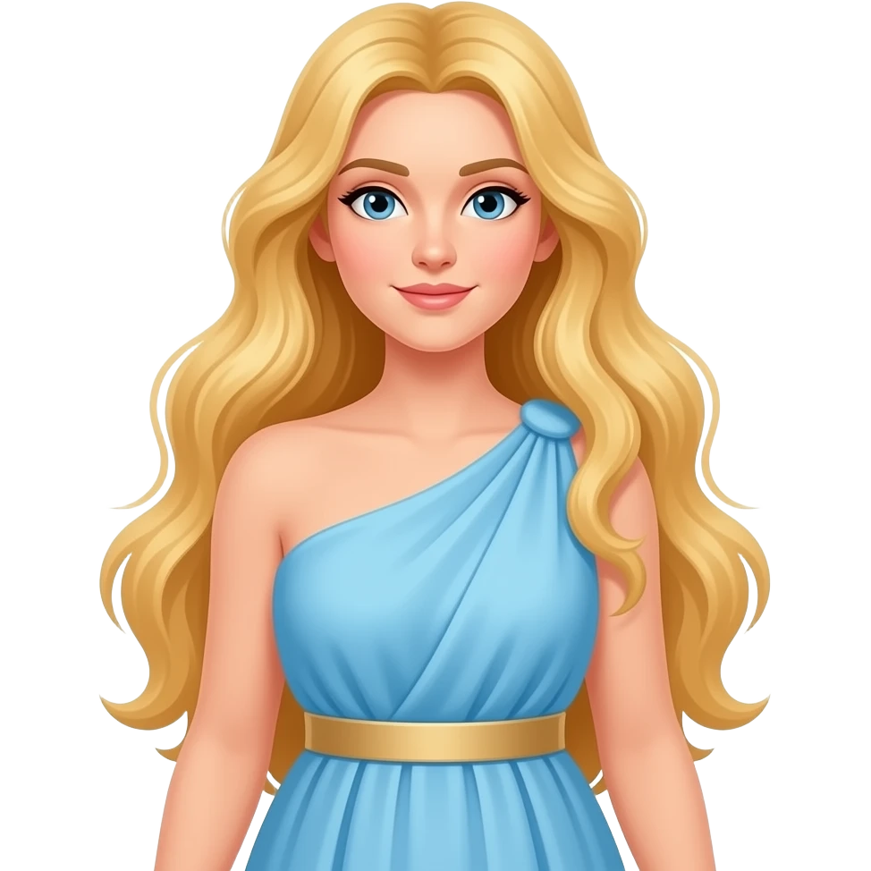 Greek godess with blonde hair, light blue dress that covers both shoulders and beige wide belt emoji