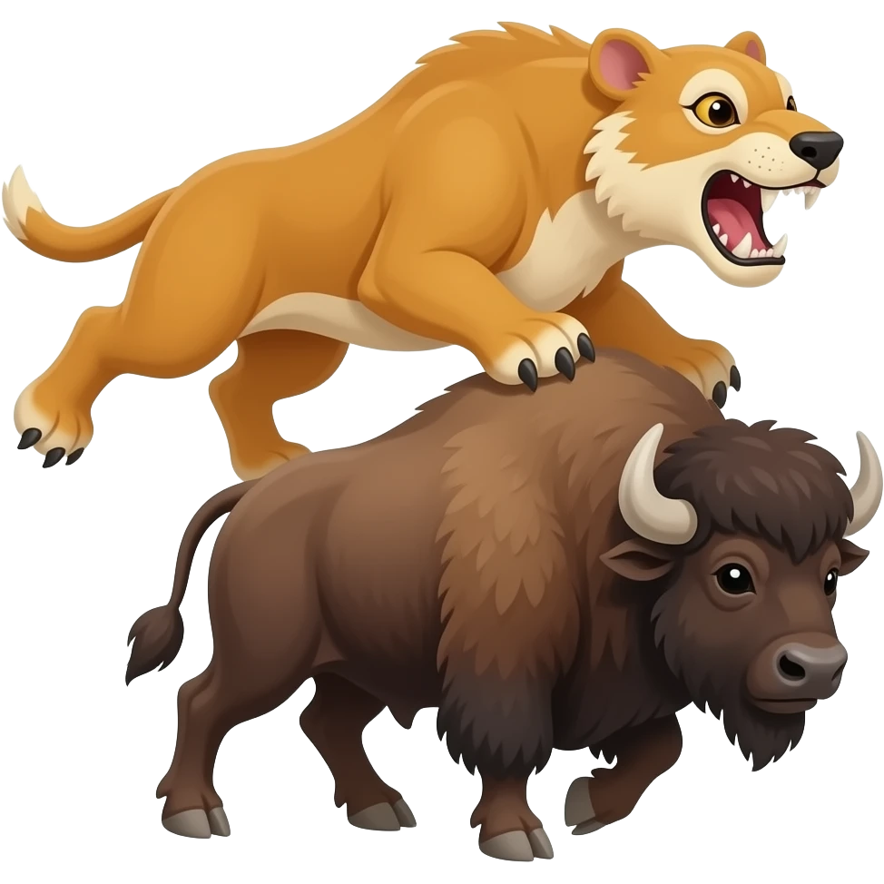 Smilodon behind chasing the bison the bison is scared with small black eye dots emoji