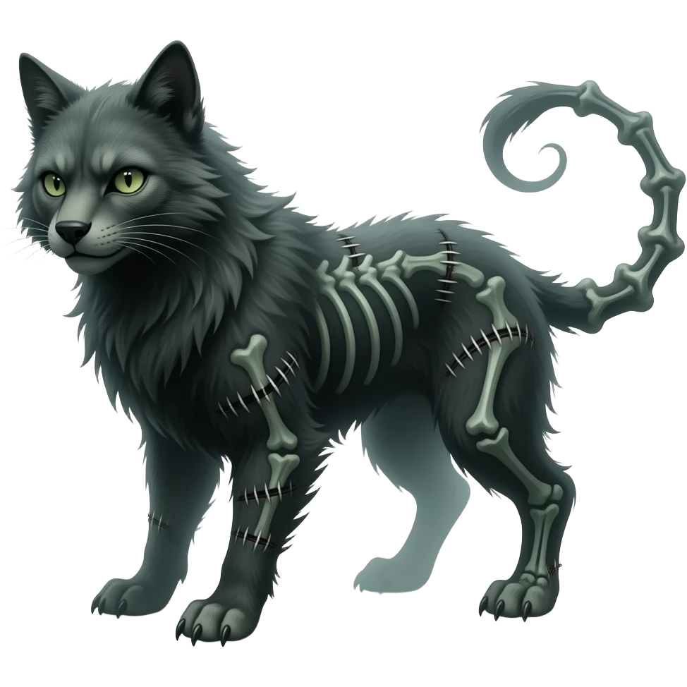 spectral spooky dark bleak blackish swampy gloomy ghostly dark greyish dark-deep-greenish foggy eldritch beautiful realistic edgy fantasy ghoul-like stitched vernid-sergal-fursona animal creature with a bony long thin tail emoji