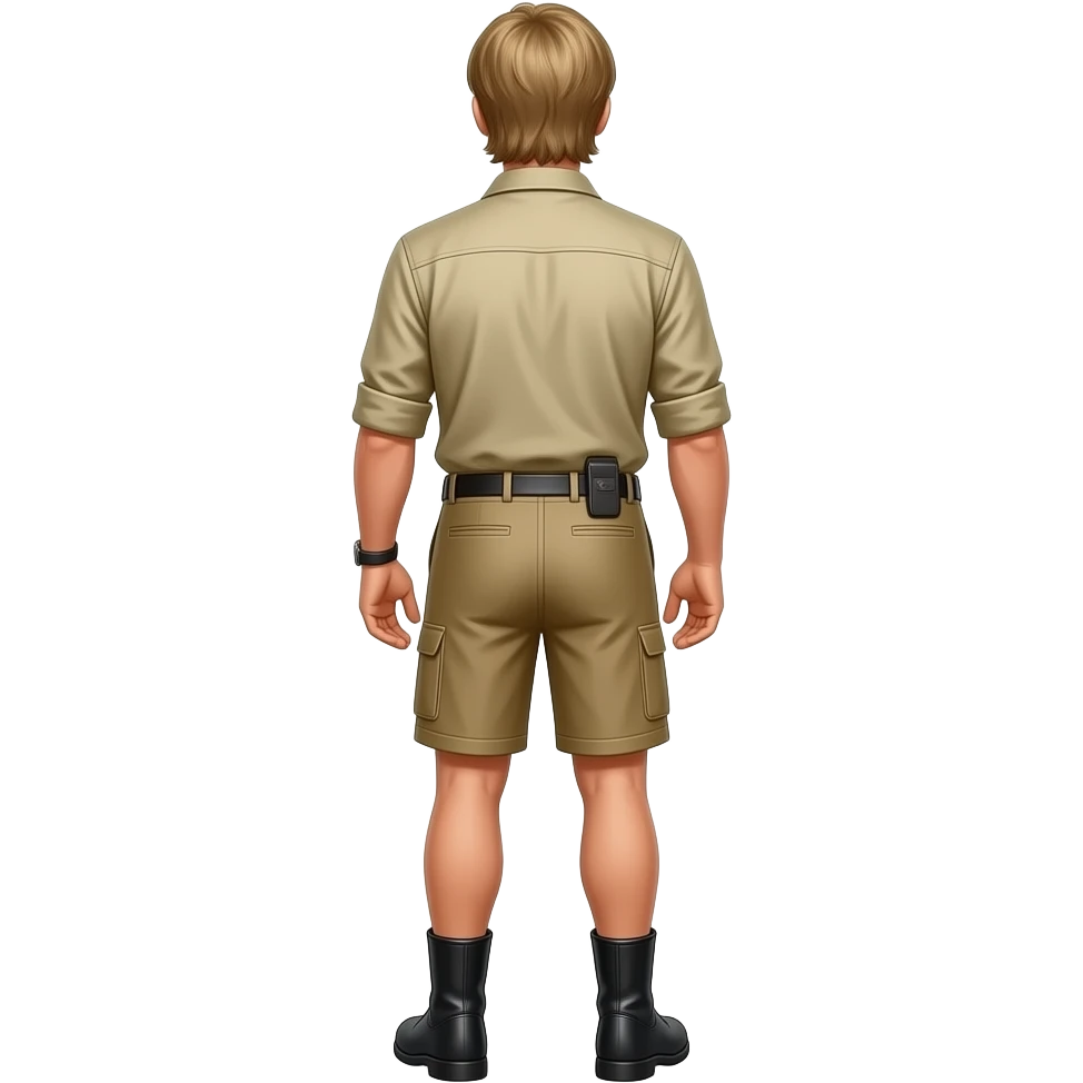 Steve Irwin from behind with beige metallic safari shirt, beige metallic safari shorts, black boots emoji