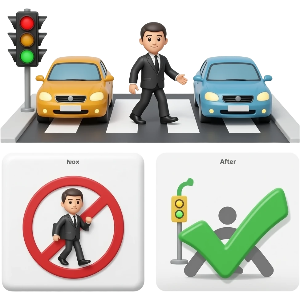 Simple 3D emoji scene demonstrating crosswalk safety rule, traffic  light red, cars stopped, pedestrian in middle of crossing with red  X (what NOT to do), safe waiting position shown with green checkmark,  before-after comparison, clean educational design, white background emoji
