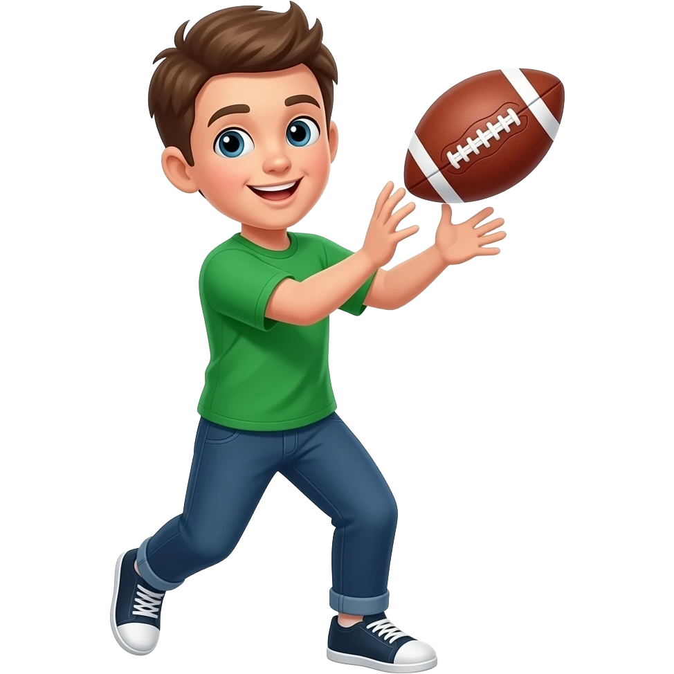 young boy wearing a green top catching a football emoji