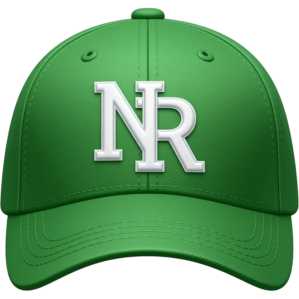 Apple iOS style green baseball cap emoji, front-facing cap, glossy 3D emoji design, “NR” text centered on the cap, smooth shading, vibrant green color, soft lighting, ultra detailed, minimal clean background, premium iOS emoji aesthetic emoji