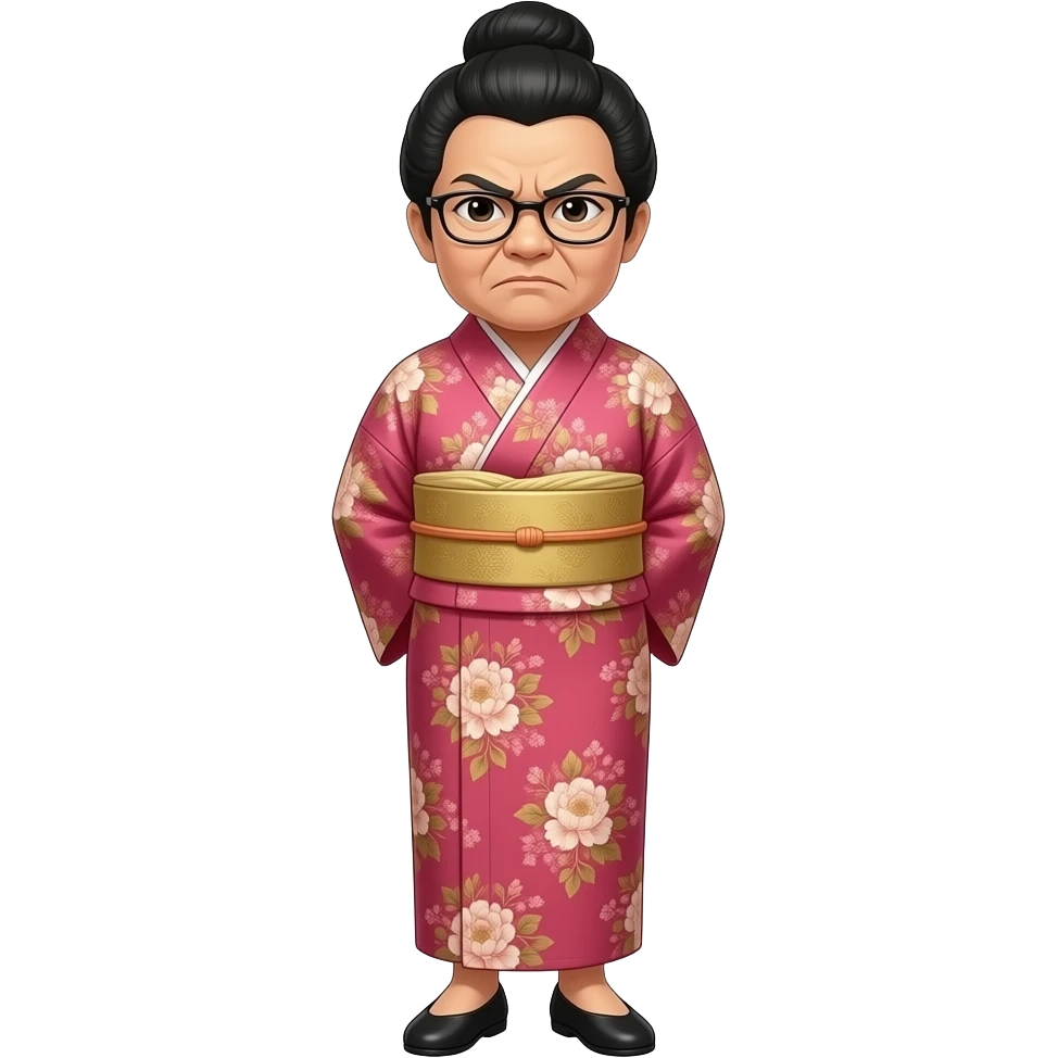 angry elderly asian woman, with black hair in a bun, wearing glasses and a rose pink and gold floral Traditional Japanese dress and black flat shoes, with her hands behind her back emoji