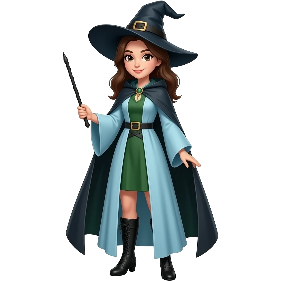 A full body White/Fair skinned woman with brown hair and brown eyes and wearing a long light Blue and forest green Witch outfit with black ankle boots and holding a plain pure black wand. emoji