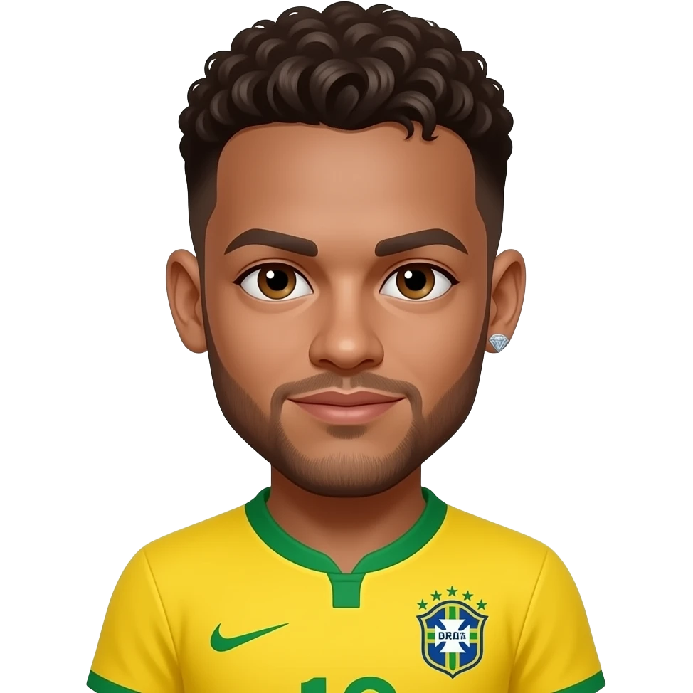 Neymar emoji avatar, Brazil jersey, cute cartoon style. One identical diamond earring floating in front of the forehead. emoji