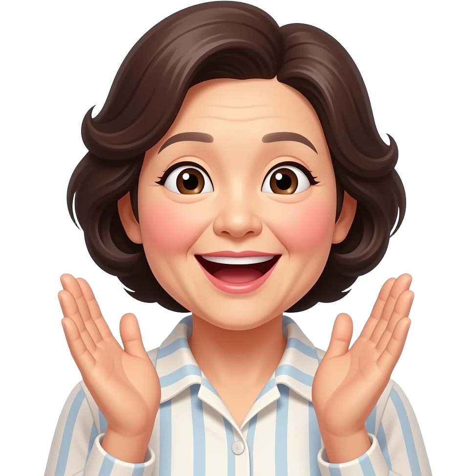 한국인, 중년의 여성, 반짝이는 눈, 파마머리, 행복해서 놀란, 박수치기 emoji