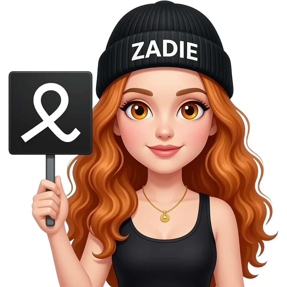 sexy girl with overlong wavy ginger hair and ginger eyes wearing a black tanktop and a black beanie with ZADIE written on it, is holding a black sign with ⛸️ on it emoji