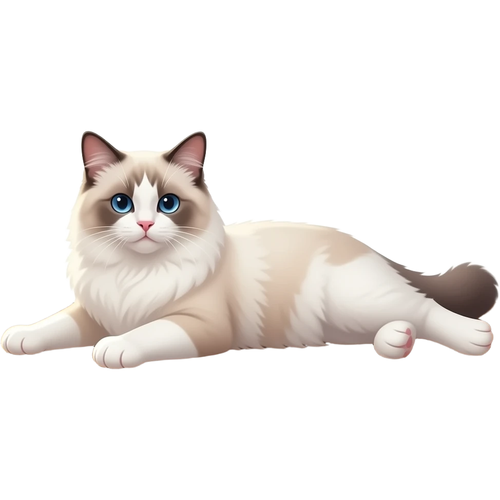 very cute white cat, fluffy ragdoll cat lying stretched out on a wooden floor, sunbeam lighting, high quality, highly detailed, cute pose. emoji
