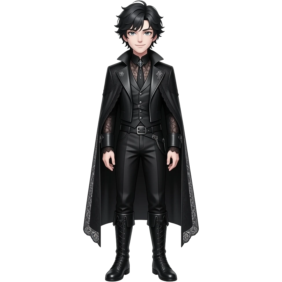 young male with messy black hair with pale white skin, a confident facial expression and completely white eyes, in a gothic-style black outfit full body emoji emoji