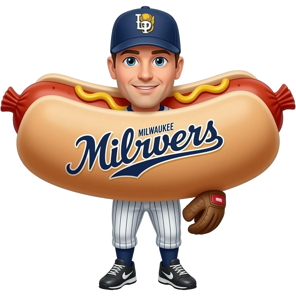 Baseball player in a sausage costume that says Milwaukee Brewers emoji
