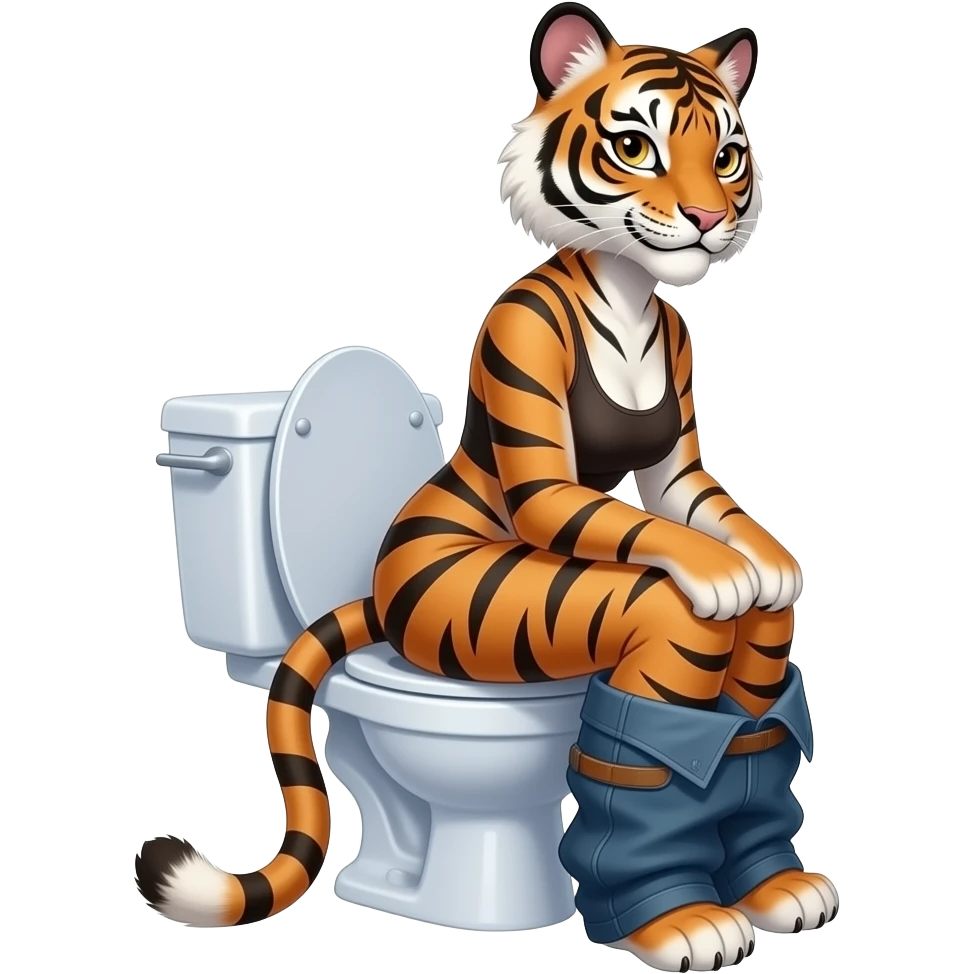 Female tiger furry person woman sitting on toilet pants of,side view,fursona emoji